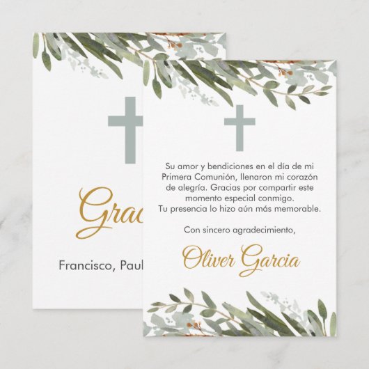 Schattige groen eerste communie in het Spaans bewe Bedankkaart (Voorkant / Achterkant)