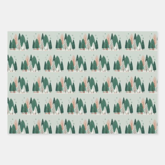 Schattige groen en koraal kerstpijnboombos inpakpapier vel (Voorkant 3)