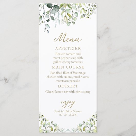 Schattige groen Eucalyptus Vrijgezellenfeest Menu (Voorkant)