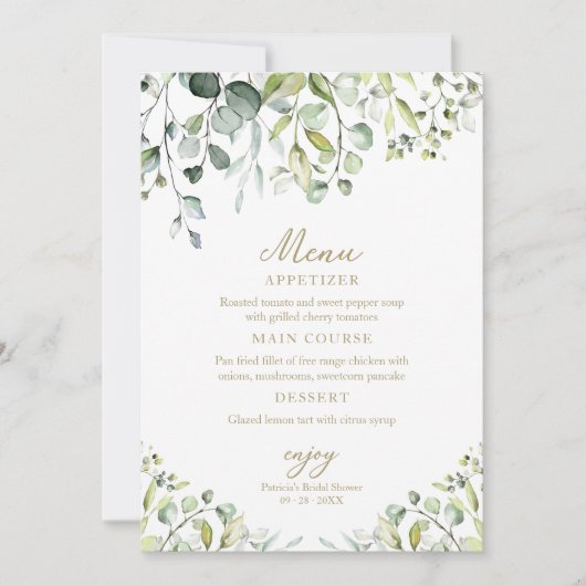 Schattige groen Eucalyptus Vrijgezellenfeest Menu  Kaart (Voorkant)