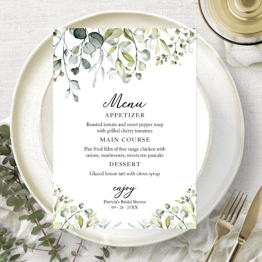 Schattige groen Eucalyptus Vrijgezellenfeest Menu Kaart