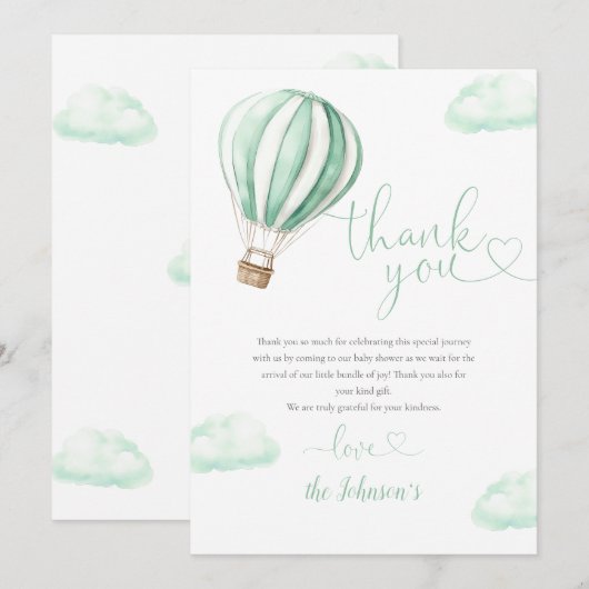 Schattige groen heteluchtballon Baby shower Bedankkaart (Voorkant / Achterkant)