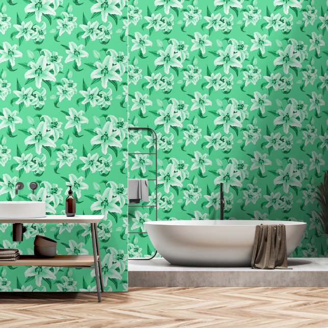 Schattige groen lelie bloempatroon behang (Badkamer)