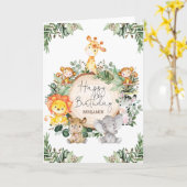 Schattige groen Oerwoud Safari Animals Happy Birth Kaart (Gele Bloem)