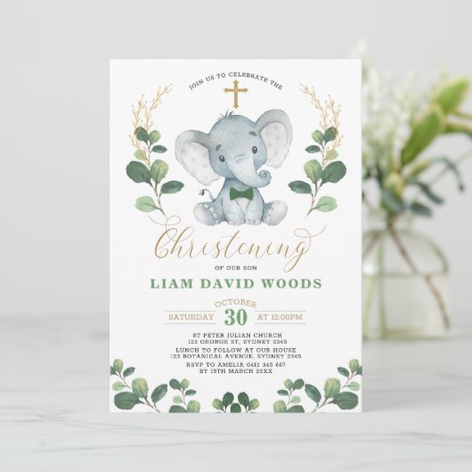Schattige groen olifant groen goud doop kaart (Staand voorkant)