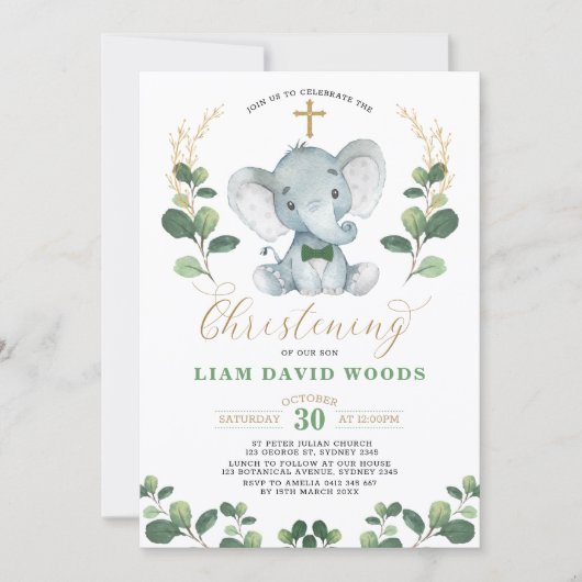 Schattige groen olifant groen goud doop kaart (Voorkant)