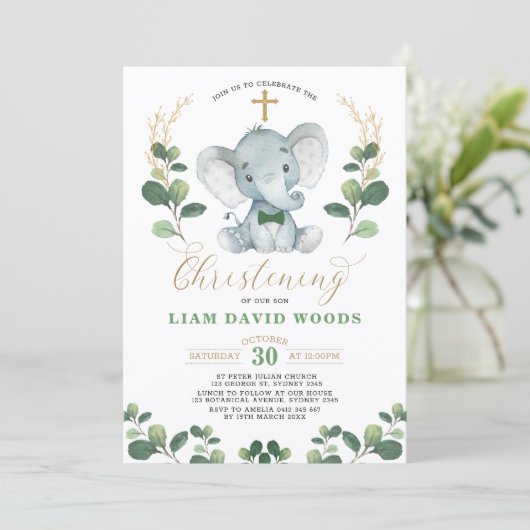 Schattige groen olifant groen goud doop kaart (Staand voorkant)