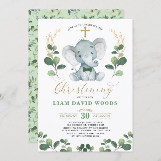 Schattige groen olifant groen goud doop kaart (Voorkant / Achterkant)