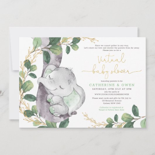 Schattige groen olifant virtueel Baby shower per p Kaart (Voorkant)