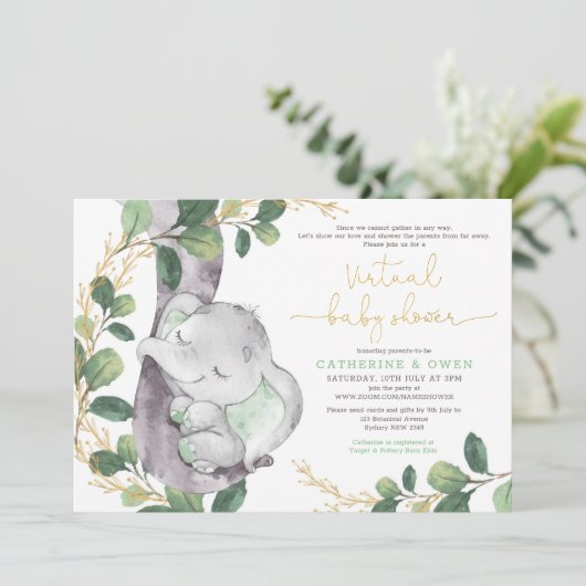 Schattige groen olifant virtueel Baby shower per p Kaart (Staand voorkant)