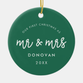 Schattige groen onze eerste kerstfoto keramisch ornament