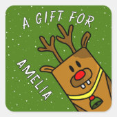 Schattige groen rendier Kind naam kerstcadeau Vierkante Sticker (Voorkant)