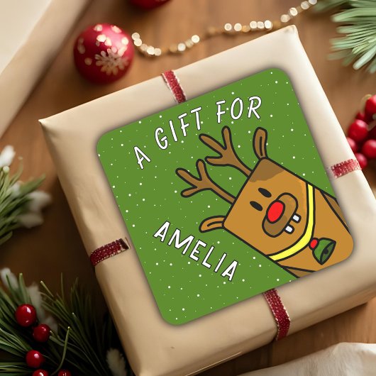 Schattige groen rendier Kind naam kerstcadeau Vierkante Sticker