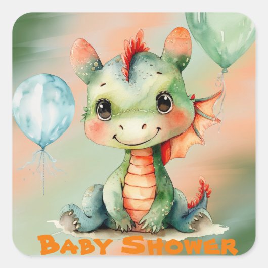 Schattige Groen Sinaasappel Dragon Boy Baby shower Vierkante Sticker (Voorkant)