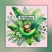 Schattige Groen Tropisch Botanisch Kind op Roze |