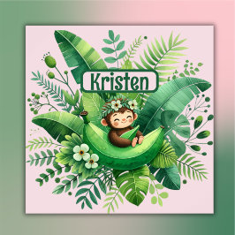 Schattige Groen Tropisch Botanisch Kind op Roze | Poster