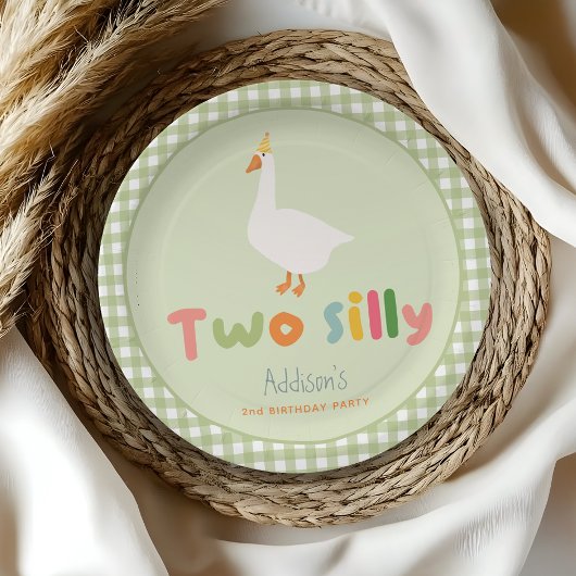 Schattige Groen Twee Gekke Gans 2e Verjaardag Papieren Bordje