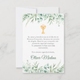 Schattige groen verlaat Spaans Eerste Communie Bedankkaart