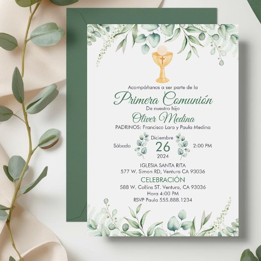Schattige groen verlaat Spaans Eerste Communie Kaart