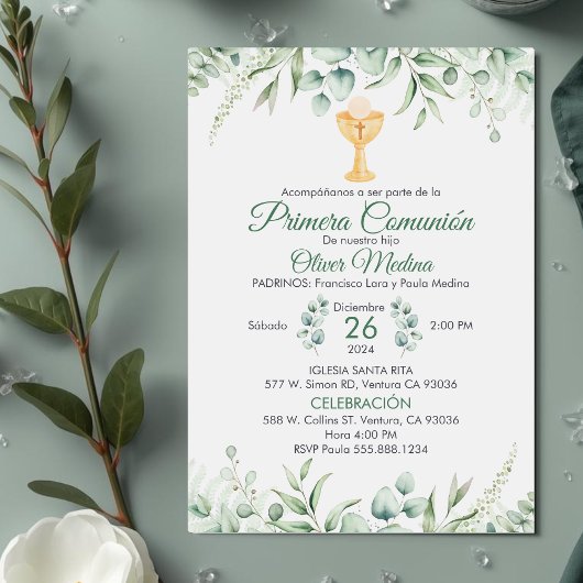 Schattige groen verlaat Spaans Eerste Communie Kaart