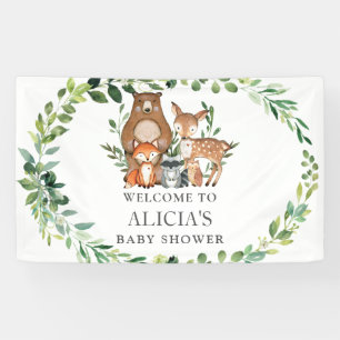 Schattige groen Woodland Animal Baby shower Achter Spandoek