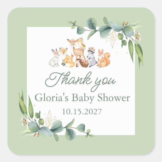 Schattige groen Woodland Animals Baby shower Vierkante Sticker (Voorkant)