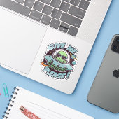 Schattige Groene Alien Grappen Geef Me Alsjeblieft Sticker (Laptop met iPhone)