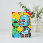 Schattige groene alien verliefd op een robot briefkaart (Staand voorkant)