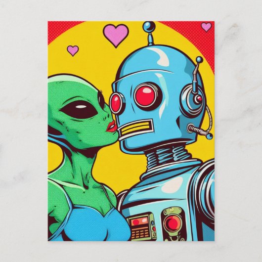 Schattige groene alien verliefd op een robot briefkaart (Voorkant)