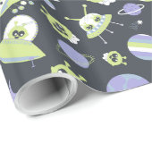 Schattige groene Aliens Space verzendt UFO-Kindere Cadeaupapier (Rol Hoek)