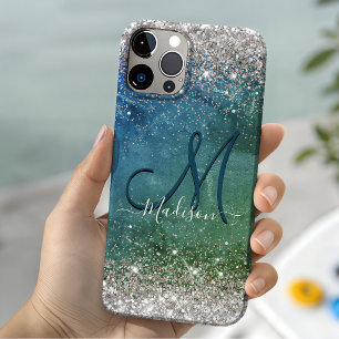 Schattige groene blauwe nepgoud glinster monogram Case-Mate iPhone 14 hoesje