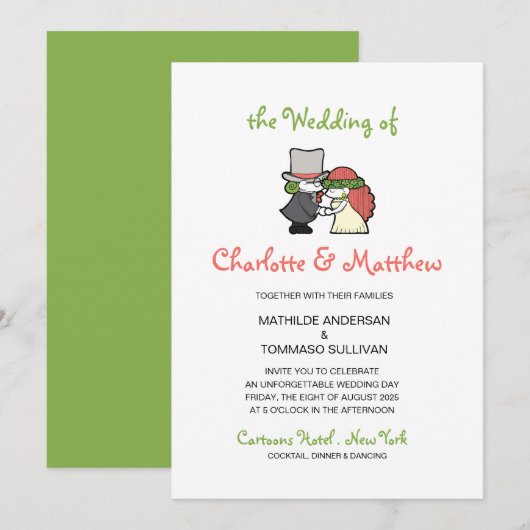 Schattige groene cartoonpersonages Whimsical huwel Kaart (Voorkant / Achterkant)