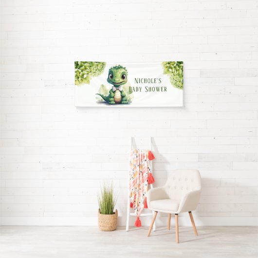 Schattige Groene Dinosaurus Bloemen Baby shower Spandoek (Insitu)