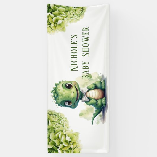 Schattige Groene Dinosaurus Bloemen Baby shower Spandoek (Verticaal)