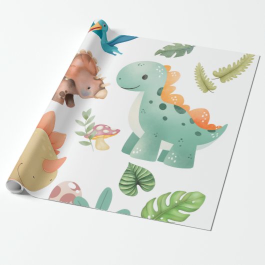 Schattige groene dinosaurus cadeaupapier (Uitgerold)