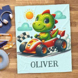 Schattige Groene Dinosaurus in een Raceauto Fleece Deken
