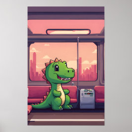 Schattige groene dinosaurus rijdt in de trein bij  poster