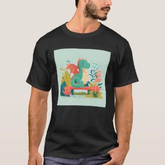 Schattige groene draak zittend op bankje in een tu t-shirt