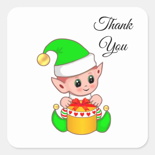 Schattige groene elf & cadeaudoos op wit vierkante sticker (Voorkant)
