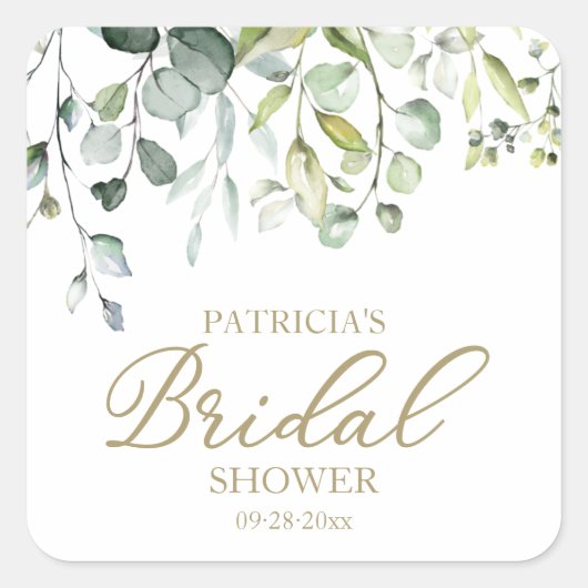 Schattige groene eucalyptus waterverf bruidsshower vierkante sticker (Voorkant)