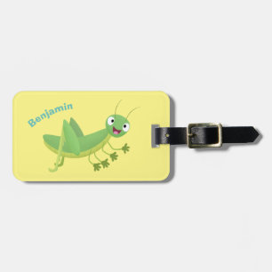 Schattige groene gelukkige sprinkhaan cartoon bagagelabel