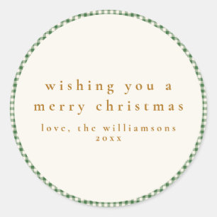 Schattige groene geruite aangepaste kerstwensen ronde sticker
