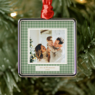 Schattige groene geruite kerstfoto metalen ornament