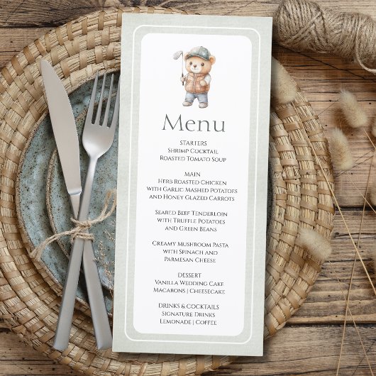 Schattige Groene Golfbeer Aangepaste Baby Shower Menu