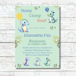 Schattige Groene Jongen Dinosaurus 1e Verjaardagsf Kaart