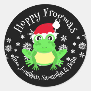 Schattige Groene Kikker Kerstmis Santa Hat Cartoon Ronde Sticker