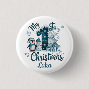 Schattige groene mijn eerste kerstsneeuwman ronde button 3,2 cm