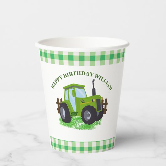 Schattige Groene Tractor Verjaardagsfeestje Papieren Bekers (Voorkant)