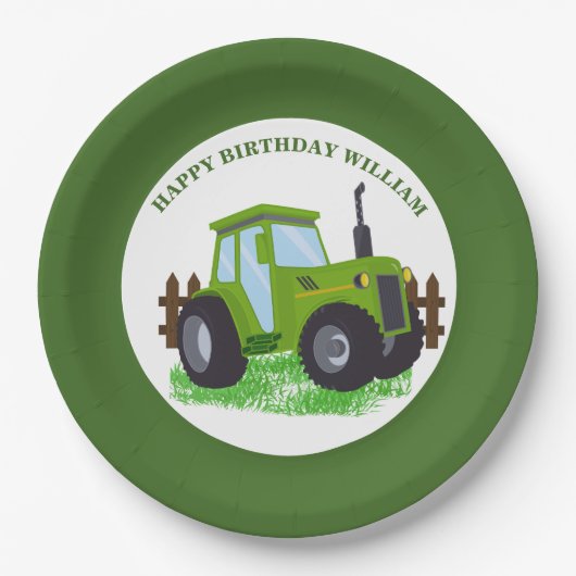 Schattige Groene Tractor Verjaardagsfeestje Papieren Bordje (Voorkant)
