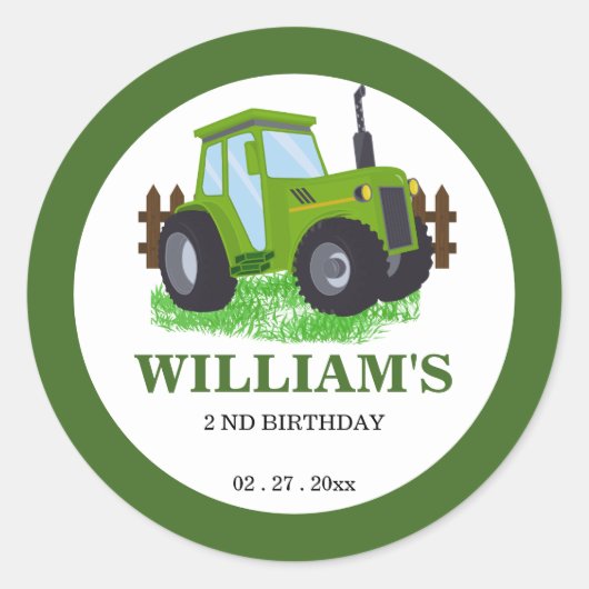 Schattige Groene Tractor Verjaardagsfeestje Ronde Sticker (Voorkant)